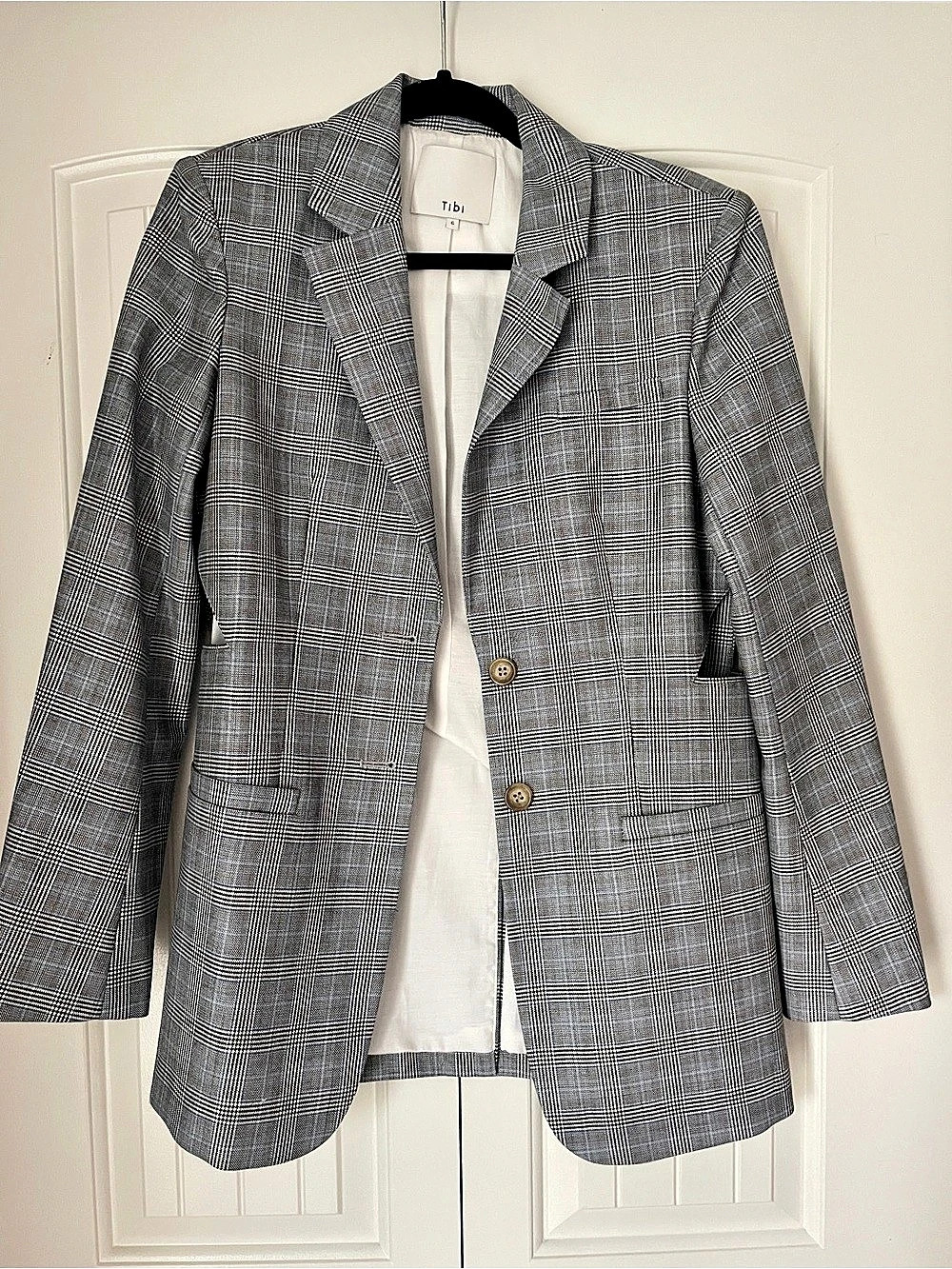 Tibi Adler Glenplaid Double Breasted Blazer With Cut Outs Gray & White Size 6